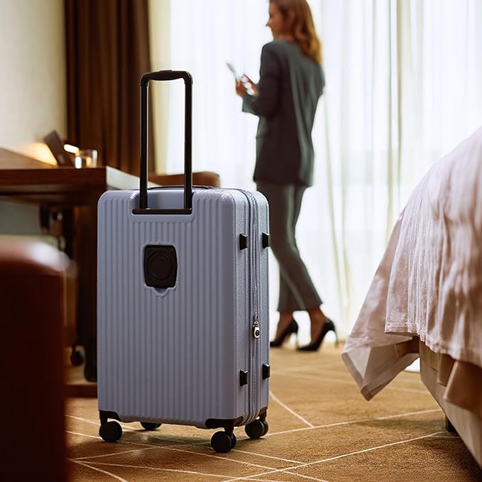 24 Inch Top Opening Checked Travel Luggage Expandable with Spinner Wheels,All PC Hard Shell Hardside Lightweight Medium Suitcase with TSA Approved Cup Holder for Business Trips Woman Men,Blue