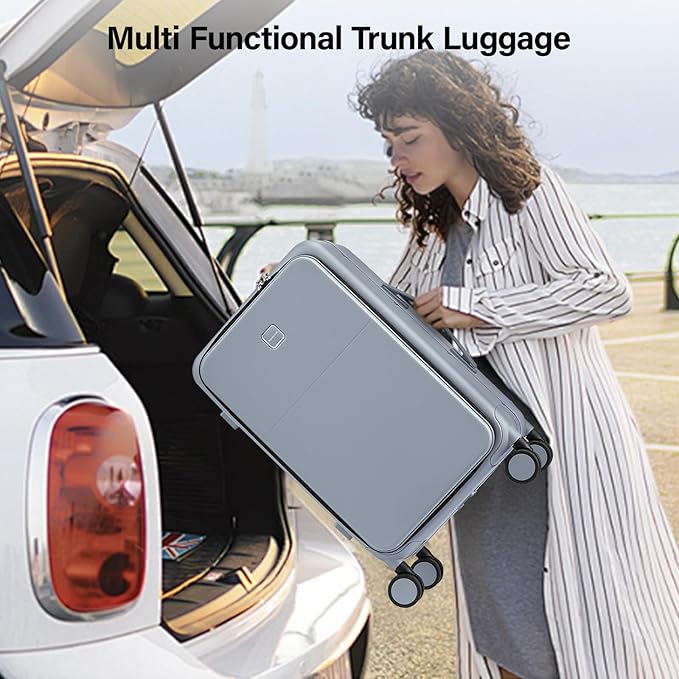 Hanke 24 Inch Luggage with Cup Holder and Charge,Top Opening Hard Shell Suitcases with Wheels and Dividers,Aluminum Frame Trunk Luggage Medium Checked Suitcase with Lock for Travel,Gray