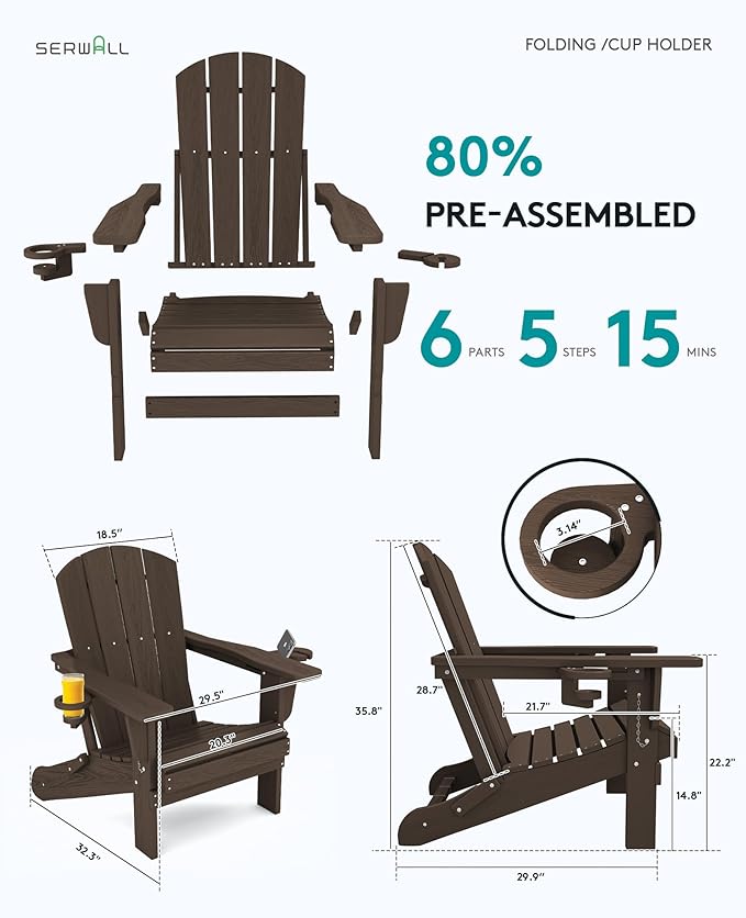 SERWALL Adirondack Chair with Cup Holders - Composite Adirondack Chairs Set of 2 HDPE Outdoor Chairs All Weather Use- Coffee