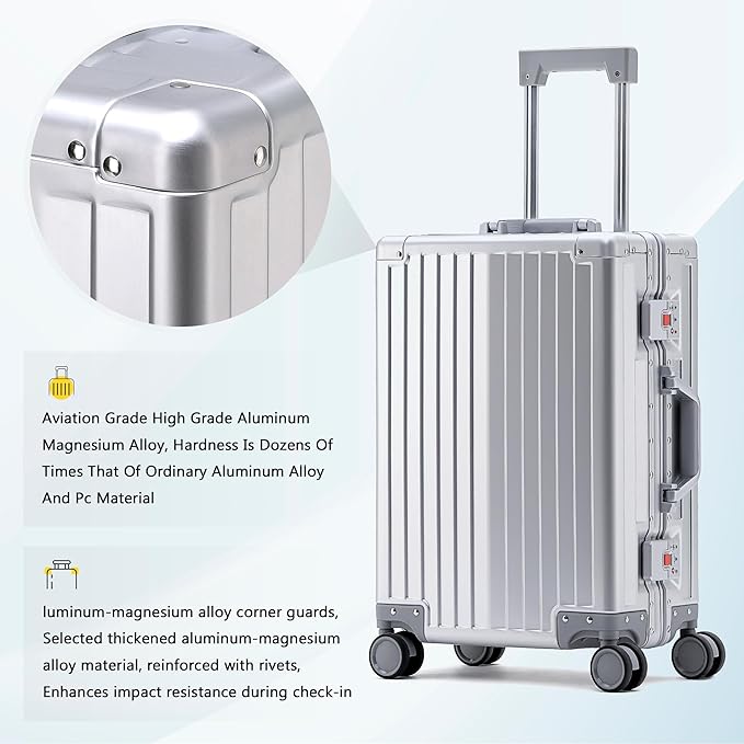 YYW Aluminum Carry-On Luggage Airline Approved Lightweight Suitcase with TSA Lock and Silent Wheels, Hardshell Spinner Business Travel (silver, 24in)
