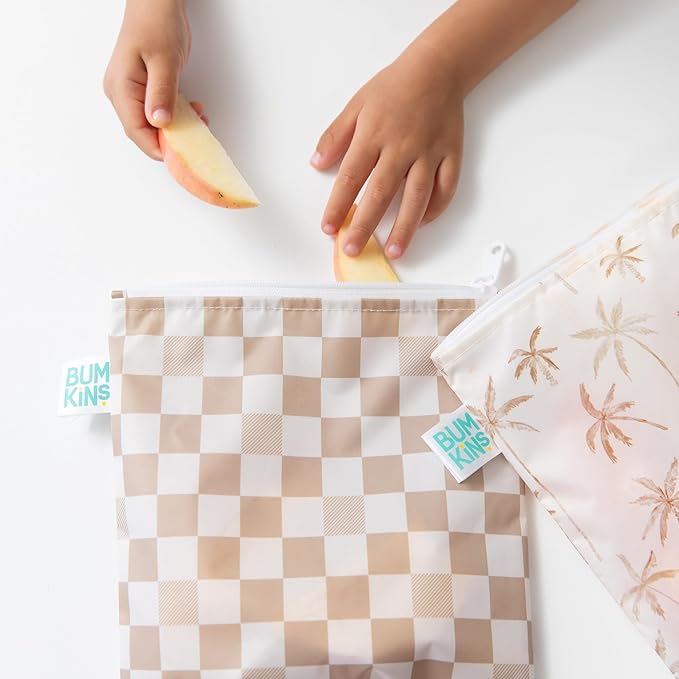 Bumkins Reusable Sandwich and Snack Bags, for Kids School Lunch and for Adults Portion, Washable Fabric, Waterproof Cloth Zip Bag, Travel Pouch, Food-Safe, Large 2-pk Palm Trees, Check