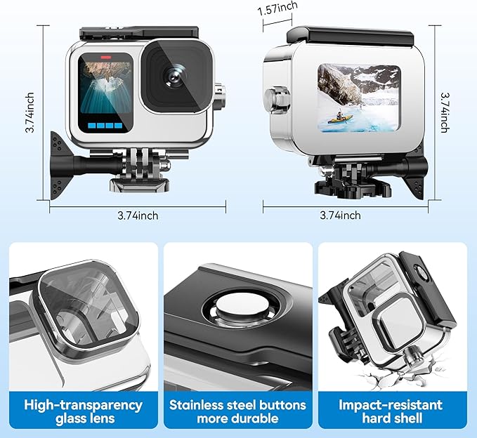 Compatible for Go Pro Hero 13 12 11 10 9 Black Waterproof Housing Case 60M/196FT Protective Underwater Diving Case Shell with Cameras Handle Mount Accessories Kit
