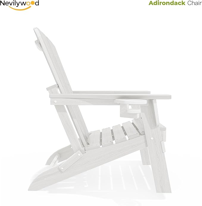 Folding Adirondack Chair - Extended Ergonomic Backrest, Cup Holder - Easy Assembly - Durable HDPE Plastic, Weather Resistant & Maintenance-Free - Lawn, Patio, Deck Supports 380lbs White