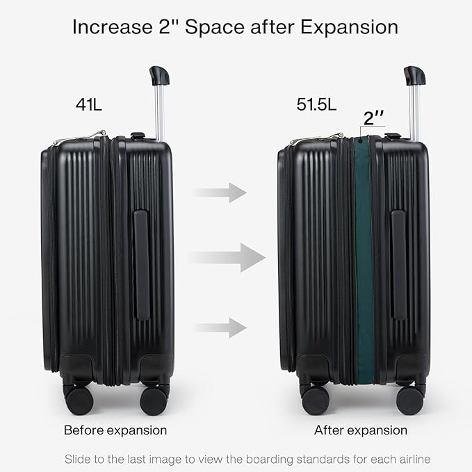 Hanke Grace Expandable Carry On Luggage with Wheels Airline Approved Hard Shell Suitcases with Front Pocket，Top Opening Luggage with TSA Lock for Short Business Travel, Jet Black.