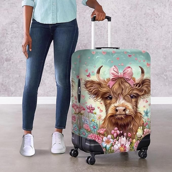 Highland Cow Suitcase Cover Flower Suitcase Protector Fits 30-32 Inch Luggage(Size XL) Anti-Scratch Washable Spandex Luggage Cover Stretchable Suitcase Covers with Zipper