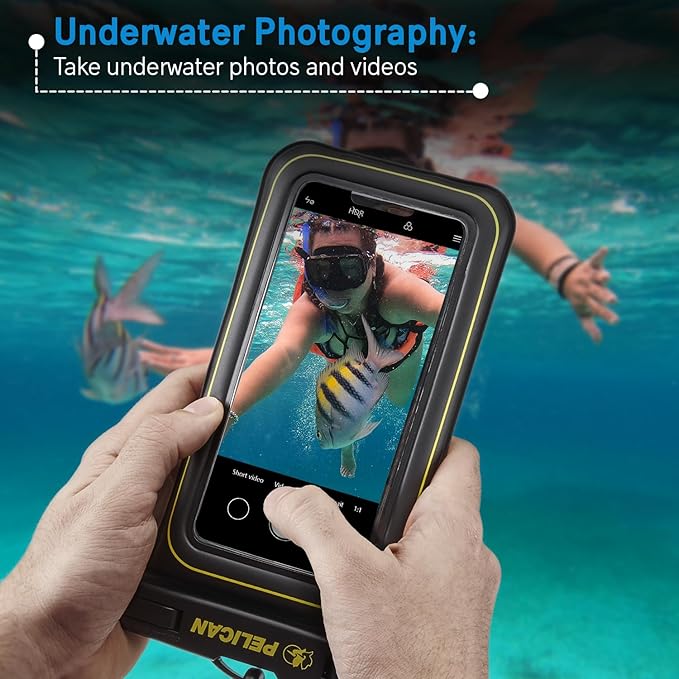 Pelican 4 Pack Marine - IP68 Waterproof Phone Pouch (Regular Size) Floating Waterproof Phone Case - Beach Cruise Ship Travel Essentials - Works w/All Phones - Detachable Lanyard - Black/Hi-Vis Yellow