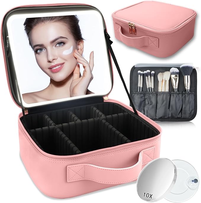 Makeup Bag with Led Mirror,Travel Makeup Organizer with 3 Color Setting & 10X Magnifying Mirror, Portable Storage and Adjustable Dividers Travel Makeup Bag-pink