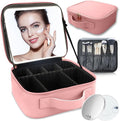 Makeup Bag with Led Mirror,Travel Makeup Organizer with 3 Color Setting & 10X Magnifying Mirror, Portable Storage and Adjustable Dividers Travel Makeup Bag-pink