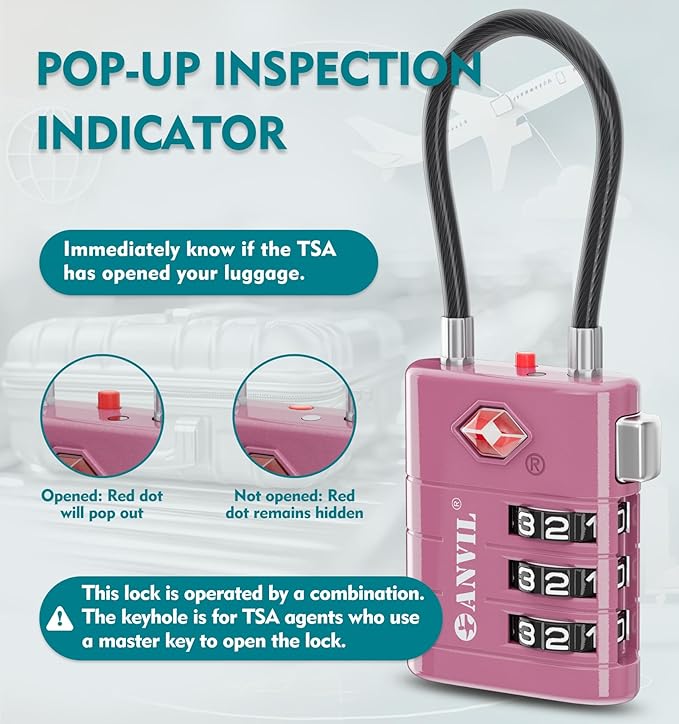 ANVIL TSA Approved Luggage Locks – High Security TSA008 Combination Travel Locks with Inspection Indicator for Suitcases and Backpacks. (3, Rose Purple)
