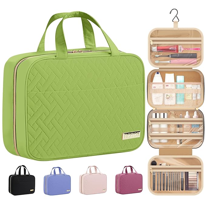 HOTOR Travel Toiletry Bag w/Hanging Hook - Spacious Toiletry Bag Essentials for Women & Men, Makeup Bag/Big Comparment, Waterproof for Travel Accessories, Medium, Avocado Green