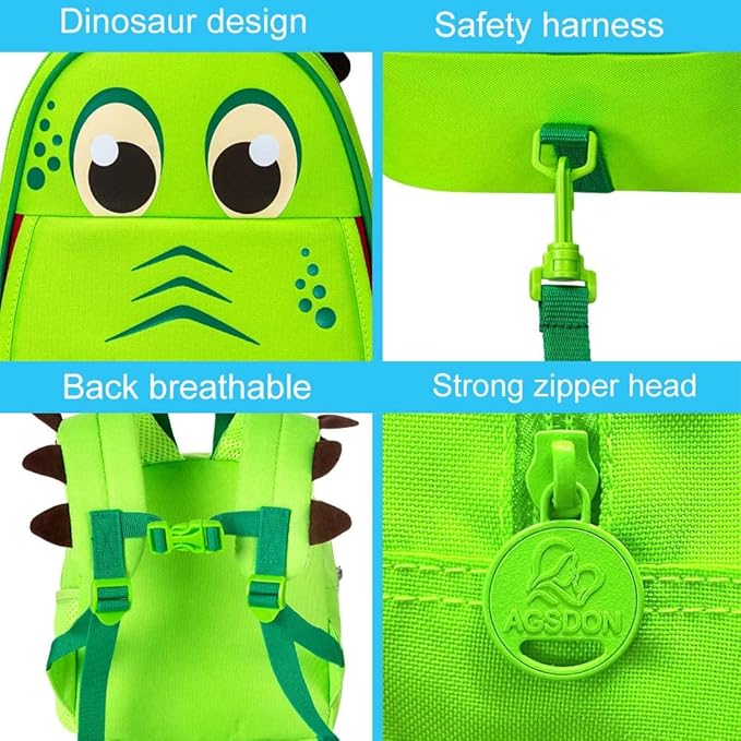 AGSDON Toddler Backpack Leash, 9.5" Safety Harness Dinosaur Bag - Removable Tether