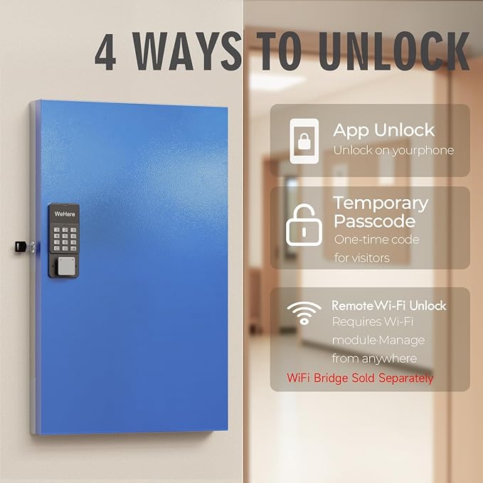 WeHere 96 Key Lock Box Wall Mount, APP Bluetooth/Wi-Fi Remote/One Time Password Share/Fixed Code Unlock, Smart Cabinet, Organizer for Apartment, Hotel, Office, Real Estate Management