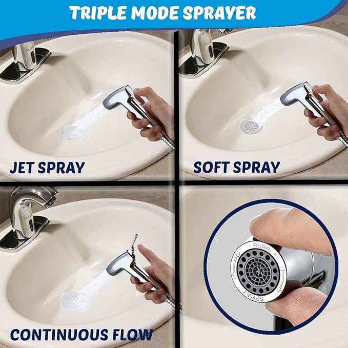 Handheld Bidet Sprayer for Toilet - Triple Mode Spray: Cloth Diaper Washer, Jet Spray & Gentle Stream | Premium Adjustable Hose Sprayer Attachment for Muslim Shower Shattaf | Portable Bidet Included
