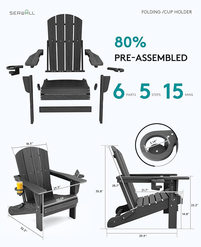 SERWALL Foldable Adirondack Chair Set of 8, Oversized HDPE Adirondack Chair with Wood-Texture-Gray