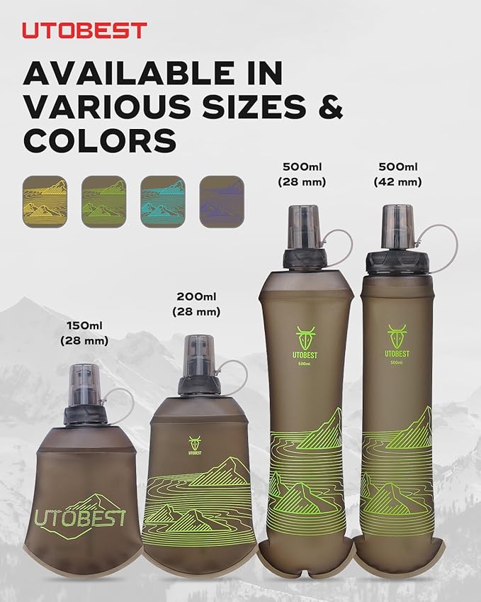 UTOBEST 500ml Soft Flask, 2 Pack Flexible TPU Hydration Water Bottle, Collapsible with 28mm Caliber for Running, Hiking, Cycling, Climbing, and Marathon Green