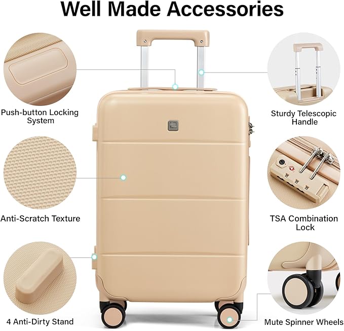 Hanke 20 Inch Carry On Luggage 22x14x9 Airline Approved PC Hard Shell Suitcases with Wheels TSA Luggage for Women Men Lightweight Travel Luggage(Cuba Sand)