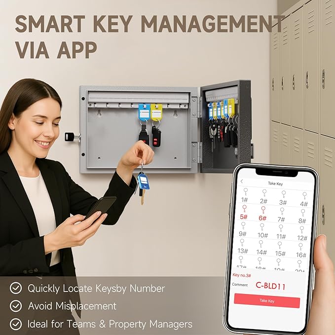 WeHere 16 Key Lock Box Wall Mount, APP Bluetooth/OTP/Wi-Fi/Fixed Code/Key Unlock, Smart Key Cabinet with Key Tag, Key Organizer Holder Box, Key Management Directory for Office, Valet, Realtor, Hotel