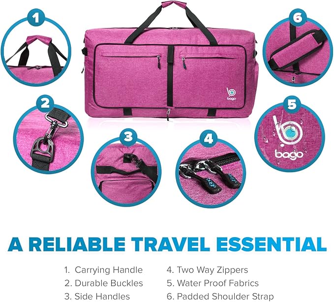 Bago Large Foldable Duffel Bags for Traveling Women & Men - 120L Packable Duffle Bag for Travel with Shoe Compartment - Water Repellant, Heavy Duty, Lightweight Folding & Collapsible (SnowPink)