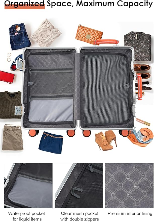 HotWay 24 Inch Hardside Checked Luggage with Leather Handle, PC Zipperless Suitcase with Spinner Wheels and TSA Locks, Lightweight Checked Luggage for Travel, White