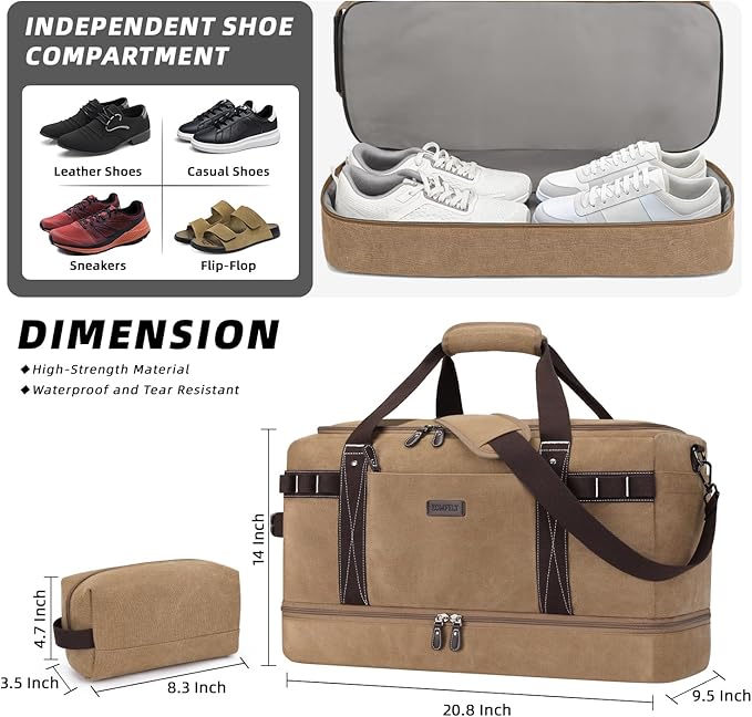 ZOMFELT Travel Duffle Bag for Men, Waterproof Canvas Overnight Duffel Bag with Removable Dividers & Shoe Compartment, Carry On Weekender Gym bag, Multi-Pocket & Vintage Design (Washed Brown)
