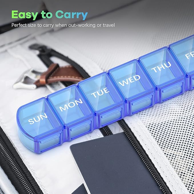 Extra Large Pill Organizer 2 Pack, XL Pill Box 7 Day, Weekly Pill Case with Large Capacity, Jumbo Organizer, BPA Free (Blue+Green)
