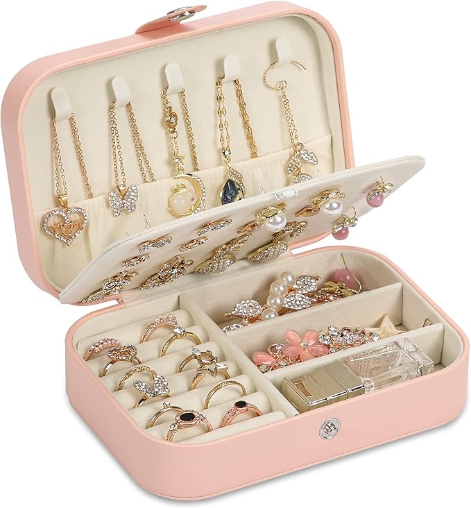 Travel Jewelry Box, PU leather Small Jewelry Organizer For Female Girls, double layer portable mini travel case for storing earrings, rings, necklaces.(Pink)