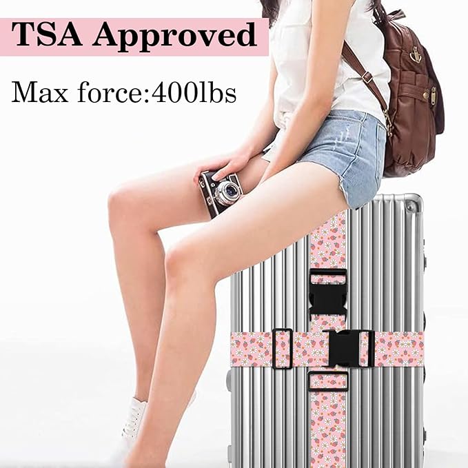 Strawberry Luggage Straps for Suitcases TSA Approved, Luggage Identifiers for Suitcase, Adjustable Suitcase Strap for Baggage Security with Cute Patten, Travel Necessary Accessories