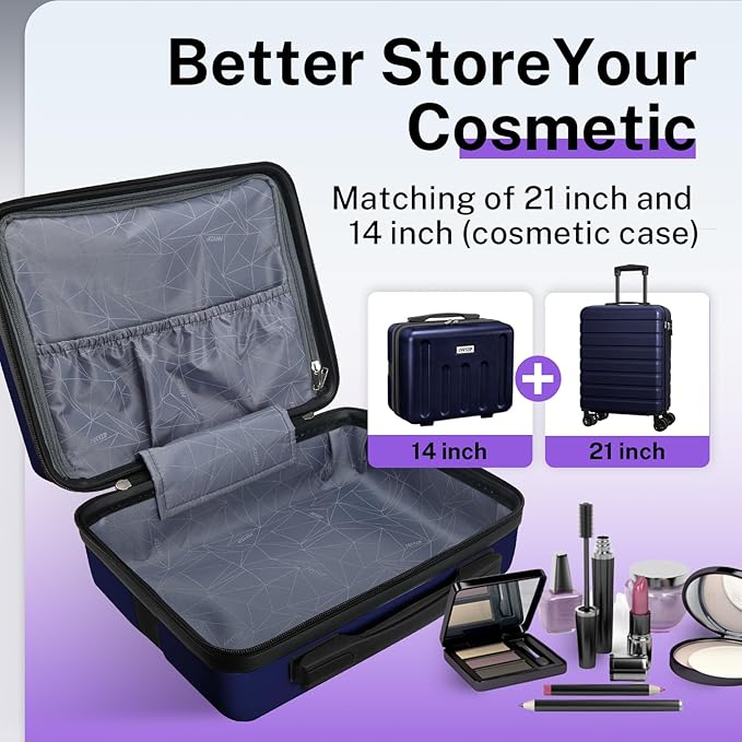 AnyZip 21" Carry On Luggage and 14" Mini Cosmetic Cases Luggage Set Hardside PC ABS Lightweight USB Suitcase with Wheels TSA for kids (2-Piece Set (14/21),DarkBlue)