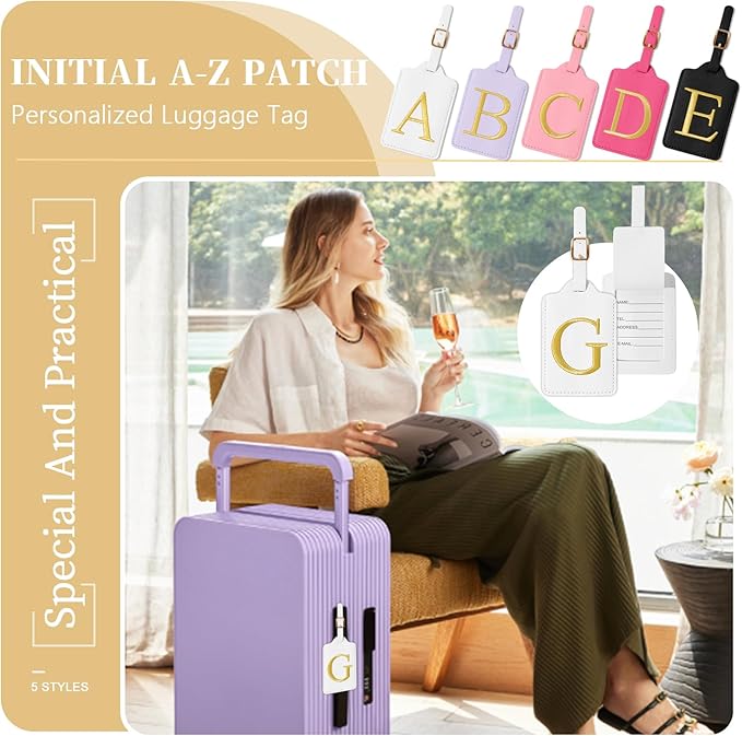 Personalized Initial Luggage Tags for Suitcase TSA Approved, White Leather Cute Luggage Tag with Privacy Cover Name Card, Embroidered Custom Luggage Tags Travel Baggage Tags Gifts for Women Kids(G)