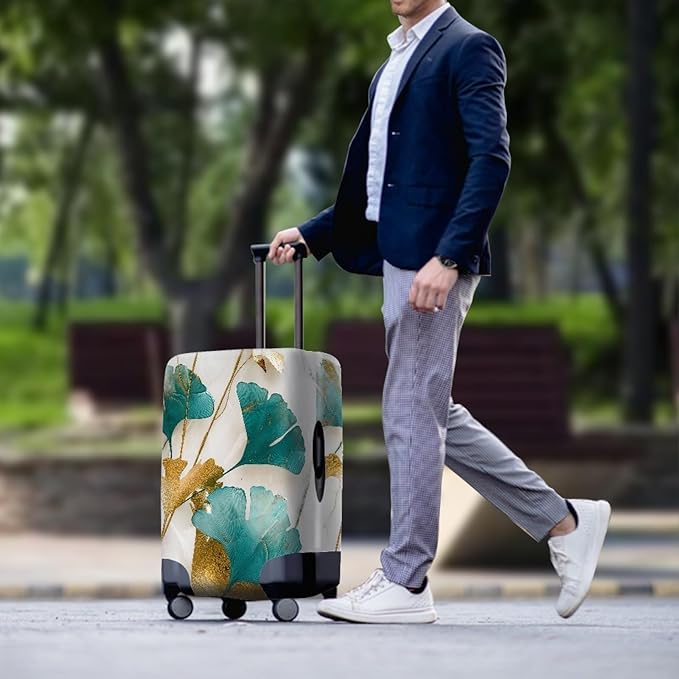 Gold Ginkgo Biloba Leaf Travel Luggage Cover Elastic Baggage Protector for Women Girls,Fits 30-32 Inch Washable Suitcase Covers