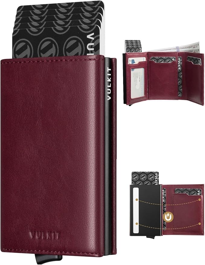 VULKIT Pop up Card Wallet Minimalist Cash Wallets RFID Blocking Leather Smart Credit Card Holder with ID window for Men(Wine)