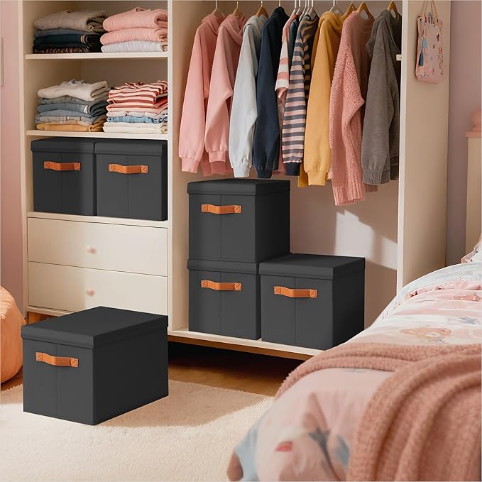 Storage Bins with Lids - Fabric Storage Baskets for Shelves, 6 Pack Foldable Decorative Boxes with Handles, Stackable Organizer Bins for Home, Nursery, Dorm, Black