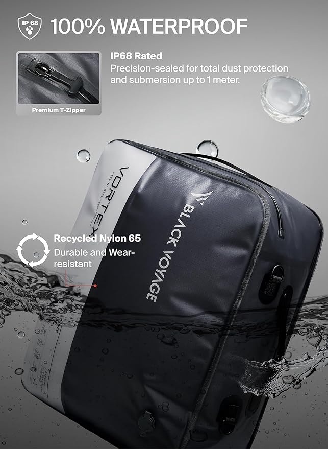 Black Voyage Reusable Vacuum Compression Travel Bag for Carry-On Suitcase and Backpack, Recycled IP67 Waterproof Space Saver Vacpack (2-Pack, 41L - Pump Included)