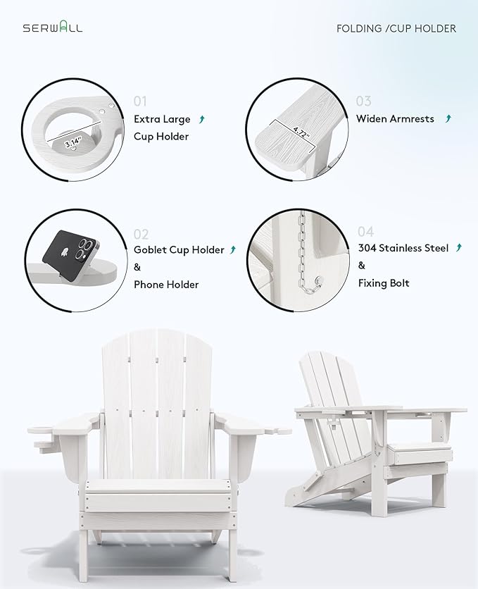SERWALL Adirondack Chair with Cup Holders - Composite Adirondack Chairs HDPE Outdoor Chairs All Weather Use- White