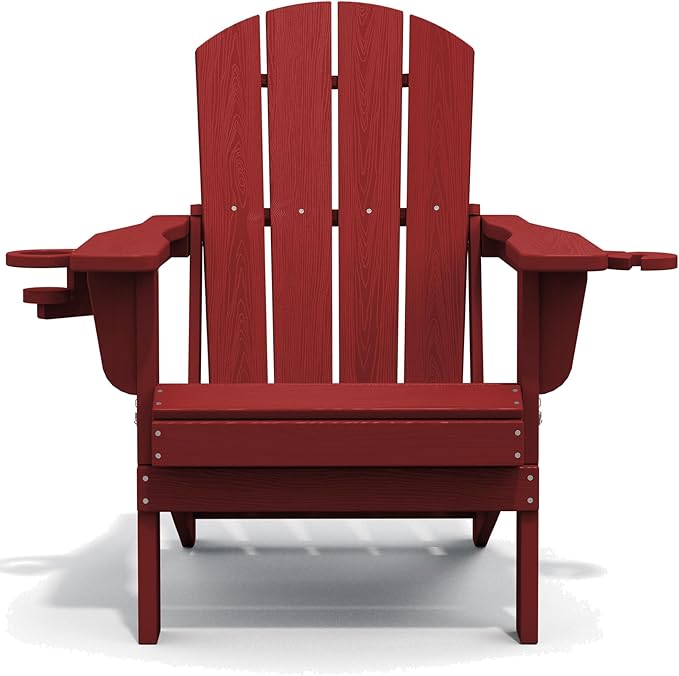 SERWALL Adirondack Chair with Cup Holders - Composite Adirondack Chairs HDPE Outdoor Chairs All Weather Use- Dark Red