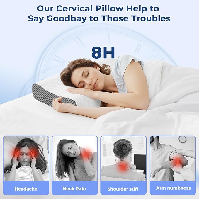 Memory Foam Pillows 2 Pack Neck Pillow - Neck Support Pillow for Pain Relief, Ergonomic Cervical Pillow for Sleeping, Orthopedic Contour Bed Pillow for Side, Back, Stomach Sleepers,Grey