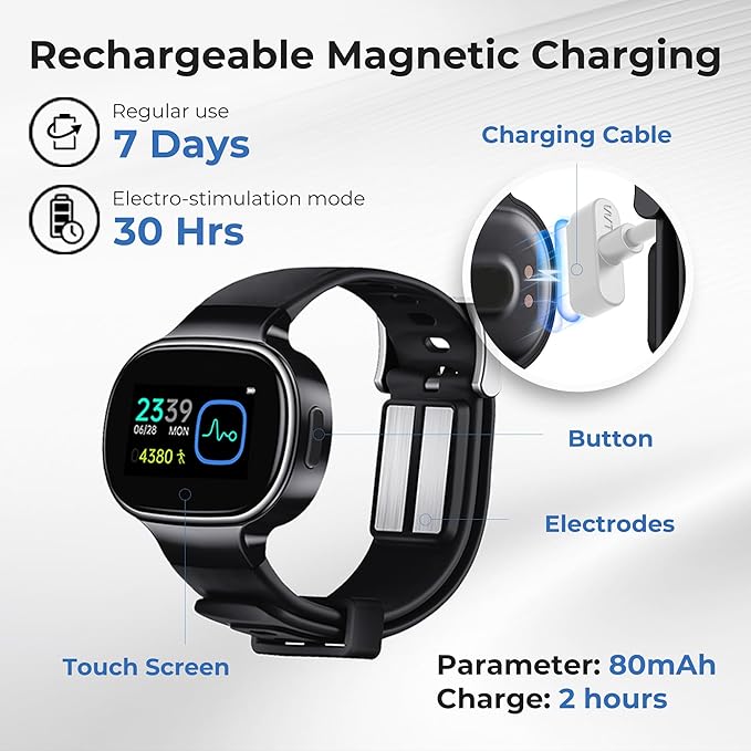 EmeTerm Smart FDA-Cleared Anti-Nausea Wristwatch Touchscreen IP67 Waterproof Morning Motion Sickness Relief Rechargeable Fast Acting Drug Free (2 Pack Black with Extra Gel)