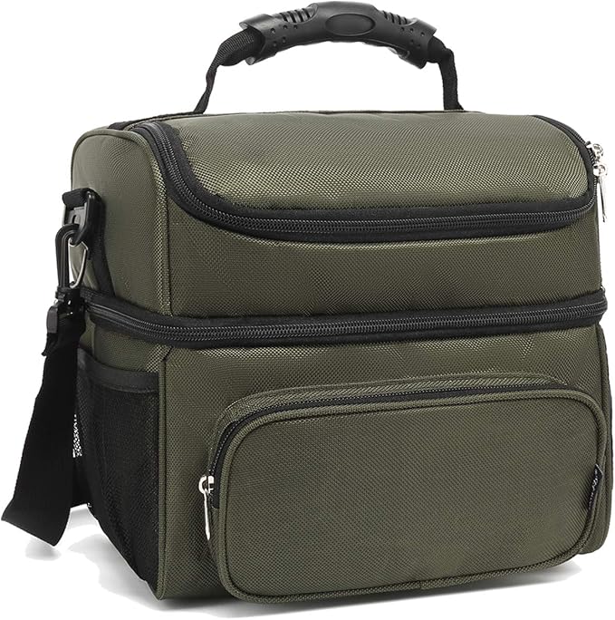 FlowFly Double Layer Cooler Insulated Lunch Bag Adult Lunch Box Large Tote Bag for Men, Women, With Adjustable Strap,Front Pocket and Dual Large Mesh Side Pockets