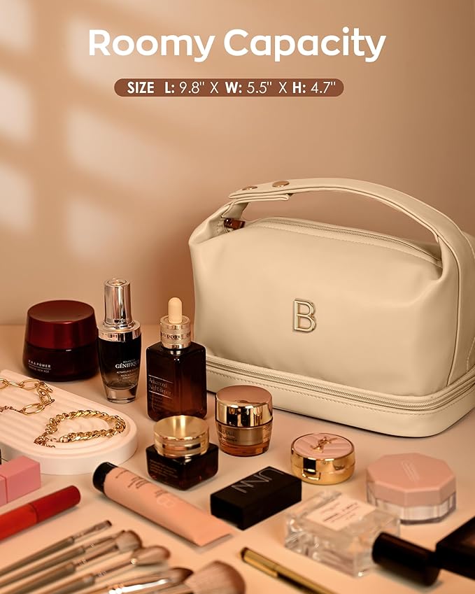 Gifts for Women, Initial Makeup Bag, Waterproof Double Layer Cosmetic Bag, Large Capacity PU Leather Makeup Bags Letter Travel Toiletry Bag with Makeup Brush Organizer