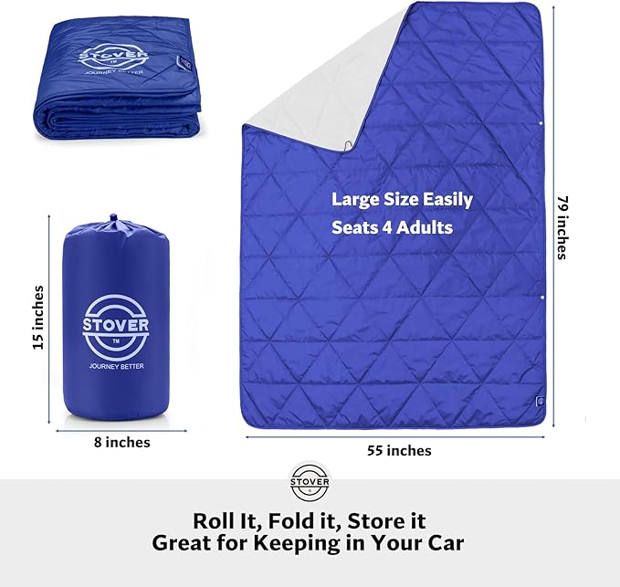STOVER Outdoor Waterproof Fleece Travel Blanket for Camping, Picnics, Stadiums, Sports, The Beach– Warm, Windproof, Compact, Lightweight & Sand-Resistant (Navy Blue)