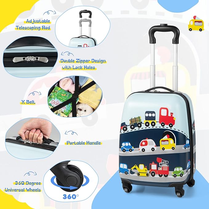 HONEY JOY Kids Luggage, 12" Toddler Backpack & 16" Travel Suitcase with Wheels, Lightweight Toddler Girls Suitcase, Durable ABS Hardshell, 2Pcs Carry On Luggage Set for Boys Girls(Car)