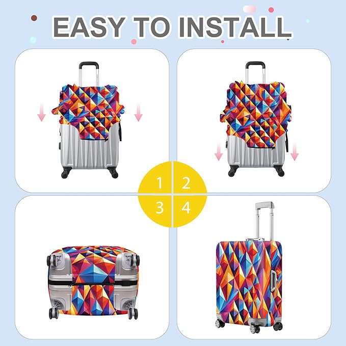 ANNA QUEEN Colorful Geometric Luggage Cover, Abstract Prism Pattern Suitcase Protector, Stretchable, Washable Travel Cover for 32-34 Inch Luggage, Bright, Durable & Eye-Catching