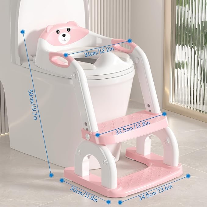 Potty Training Seat for Toddlers - Upgrade 2-in-1 Toilet Seat Toilet Ladder for Kids Children Boys Girls, Anti-Slip Pad & Adjustable Height with Waterproof PVC Cushion - Pink
