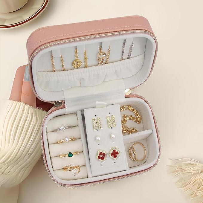 Travel Jewelry Case Bulk Of 2 For Women Weekend,Gold Zip, PU Leather Compact Jewelry Organizer For Earring Bracelets Pink Travel Jewelry Box Set Perfect For Small Bridesmaid Jewelry Box Gift