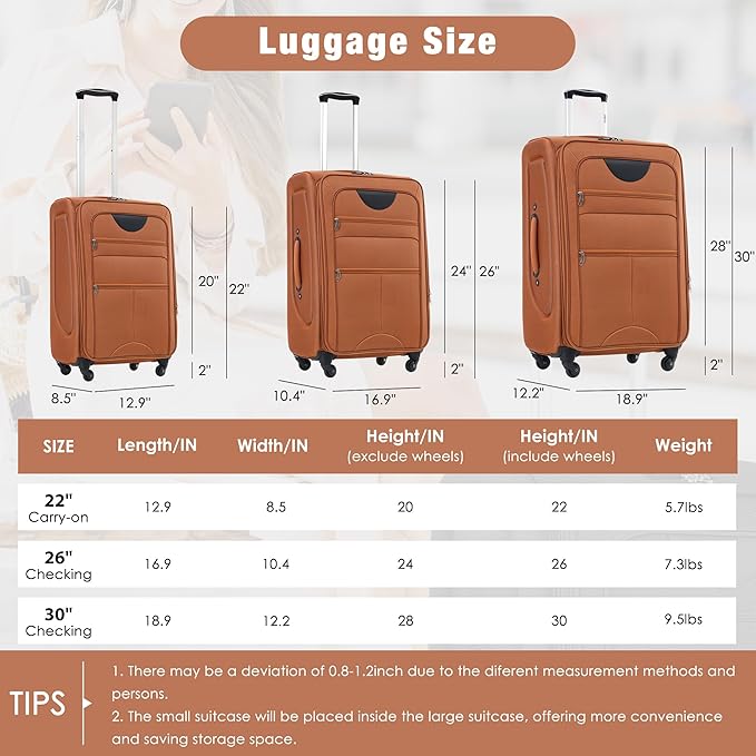 Merax Softside Luggage Set Softshell Lightweight 3 Piece Spinner Suitcase 22" 26" 30" Orange