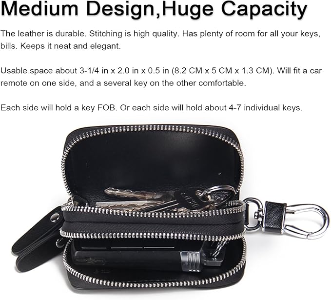 CONTACTS Car Key Case Small Leather Double Zipper Key Holder with 4 Keyrings Keys Organizer for Men Women