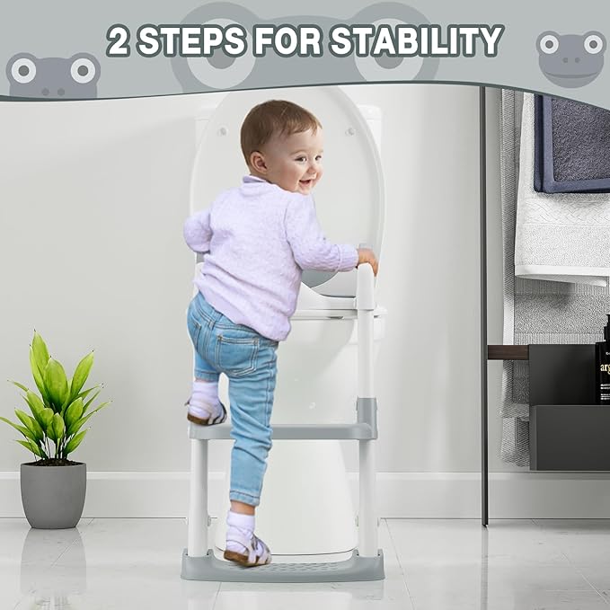 Potty Training Seat with Step Stool Ladder, Toddler Toilet Seat with PU Cushion, Adjustable 5-Level Height, Foldable Potty Training Toilet for Kids Boys Girls, Anti-Slip Pads Ladder