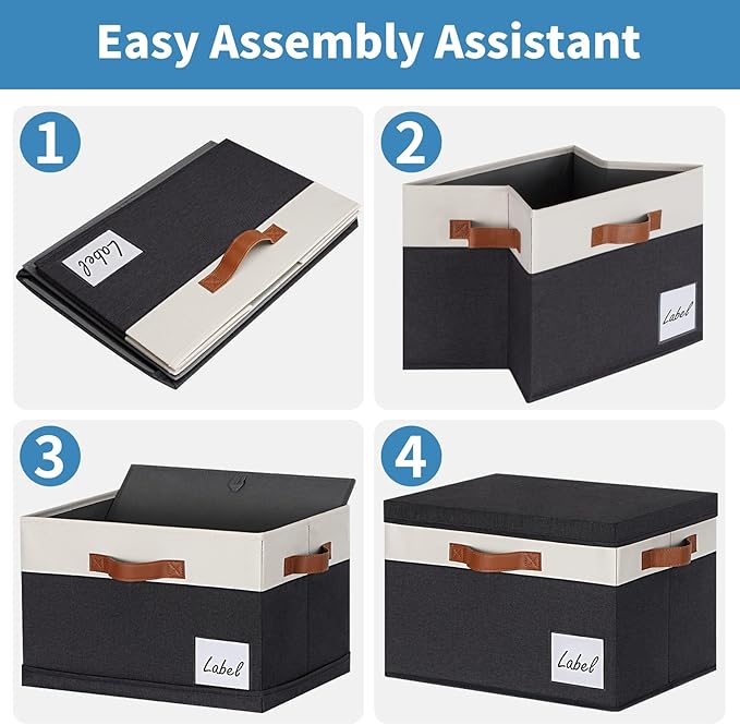 GhvyenntteS Extra Large Storage Bins with Lids, Foldable Fabric Storage Boxes with Lids and 3 Leather Handles, Storage Baskets with Label Window (6 Pack, Black, 15.75" x 11.8" x 10.2")