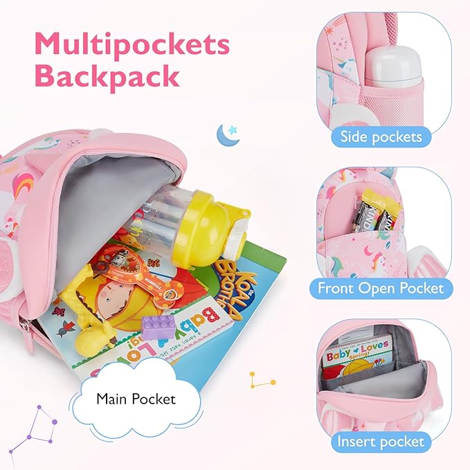 mommore Toddler Backpack for Girls 2-4 Neoprene Unicorn Backpack with Kids Leash, 3D Cartoon Preschool Kindergarten Bookbag for Pre-k, Pink