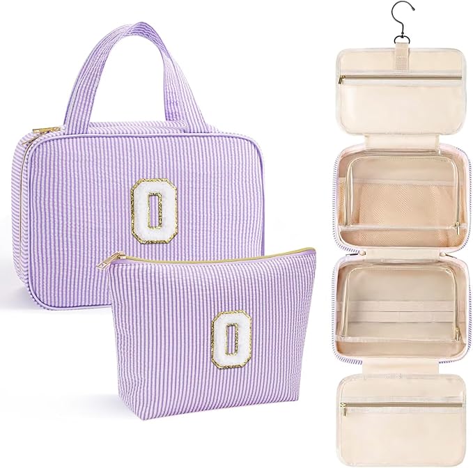 YOOLIFE Travel Toiletry Bag for Women - Hanging Toiletry Bag Makeup Bag, Portable Toiletries Cosmetic Bag, Airplane Travel Essentials - Letter O, Purple